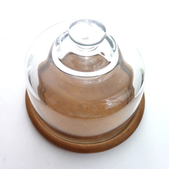 Vintage Small MCM Teak Round Glass Dome Charcuterie Pastry Cheese Cloche Plate - Picture 1 of 4